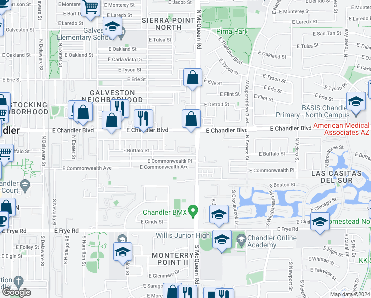 map of restaurants, bars, coffee shops, grocery stores, and more near 10 North McQueen Road in Chandler