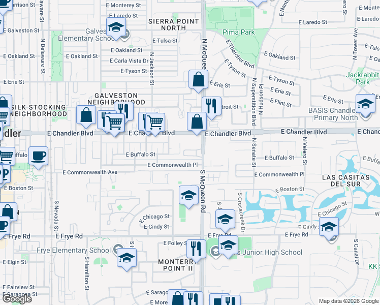map of restaurants, bars, coffee shops, grocery stores, and more near 10 North McQueen Road in Chandler