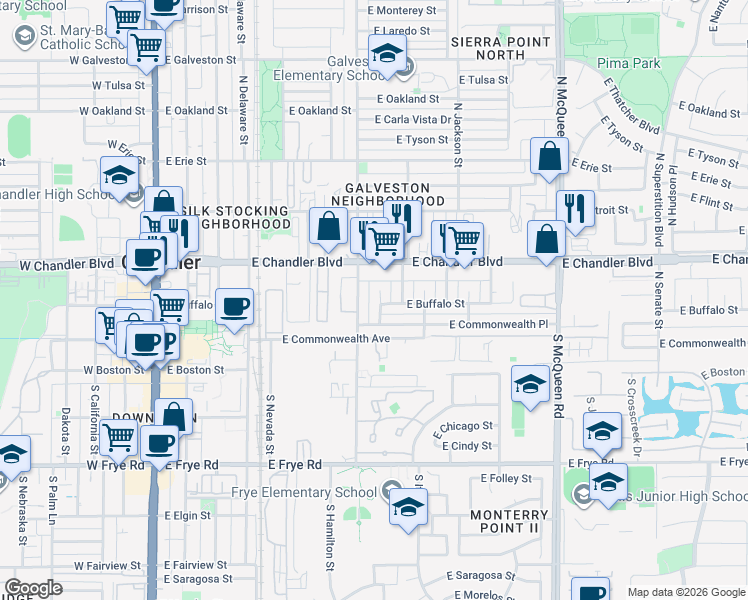 map of restaurants, bars, coffee shops, grocery stores, and more near 75 North Hamilton Street in Chandler