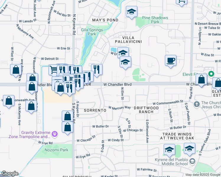 map of restaurants, bars, coffee shops, grocery stores, and more near 5742 West Buffalo Place in Chandler