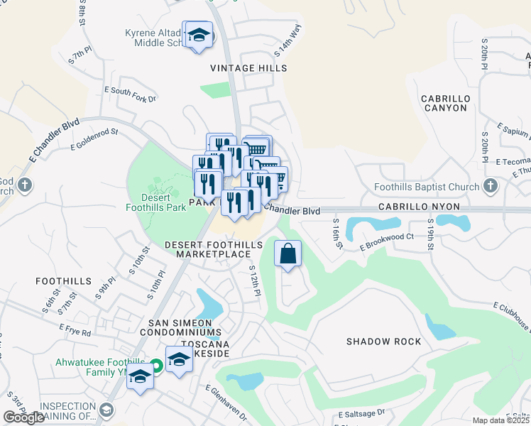 map of restaurants, bars, coffee shops, grocery stores, and more near 1345 East Chandler Boulevard in Phoenix