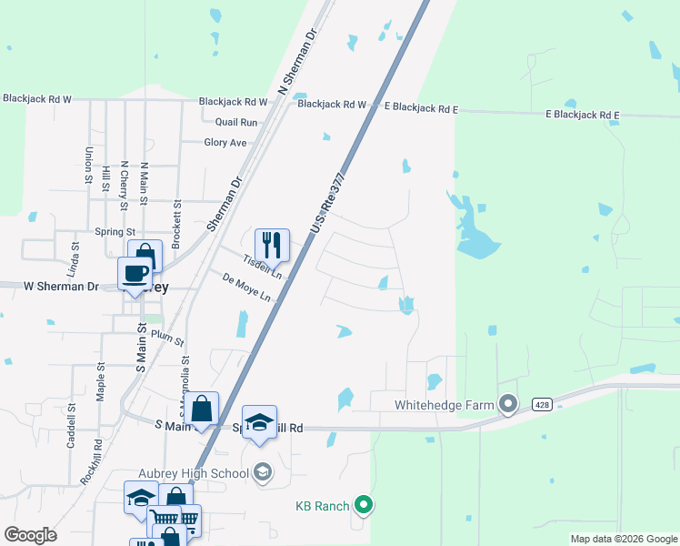 map of restaurants, bars, coffee shops, grocery stores, and more near 623 Arabian Lane in Aubrey