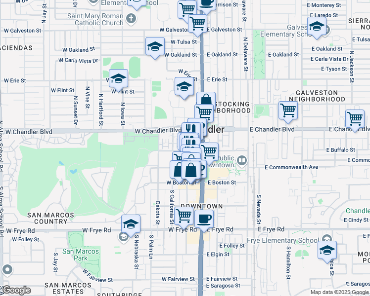 map of restaurants, bars, coffee shops, grocery stores, and more near 23 West Buffalo Street in Chandler