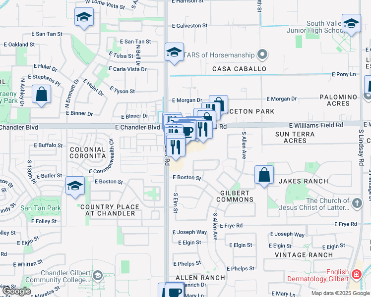 map of restaurants, bars, coffee shops, grocery stores, and more near 87 East Williams Field Road in Gilbert