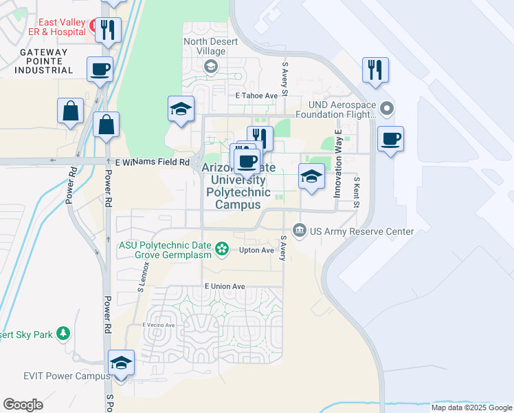 map of restaurants, bars, coffee shops, grocery stores, and more near 6120 Innovation Way South in Mesa