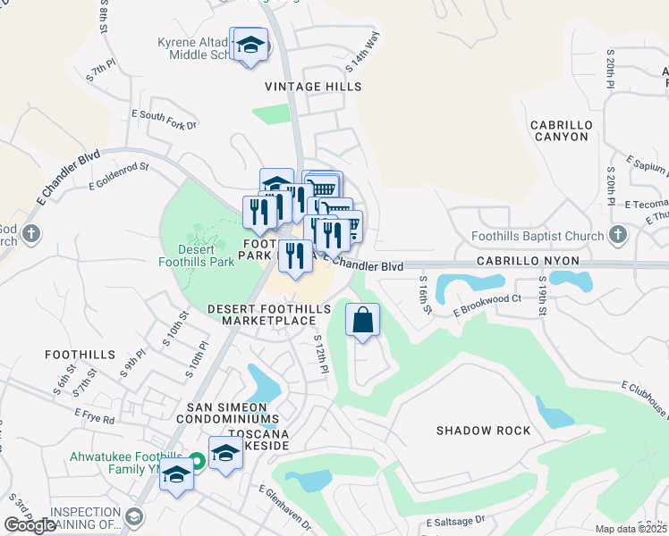 map of restaurants, bars, coffee shops, grocery stores, and more near 1345 East Chandler Boulevard in Phoenix