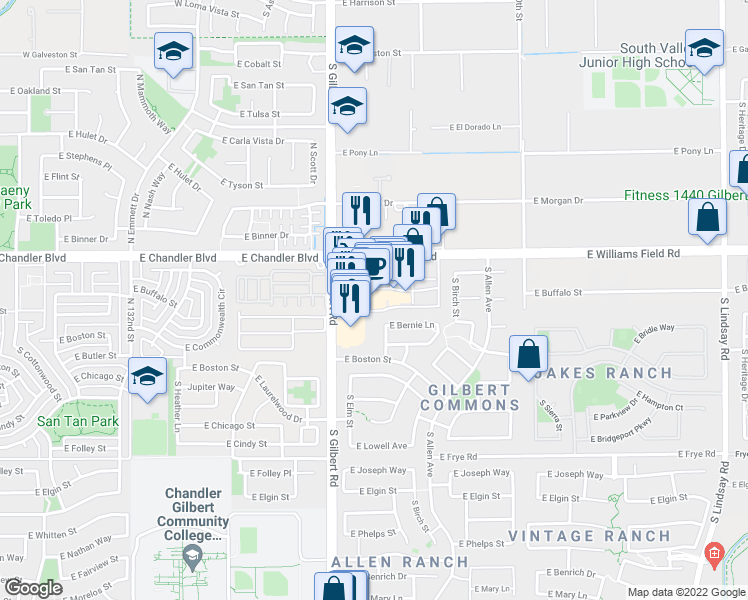 map of restaurants, bars, coffee shops, grocery stores, and more near 87 East Williams Field Road in Gilbert