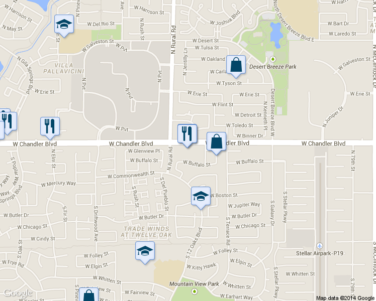 map of restaurants, bars, coffee shops, grocery stores, and more near 4929 West Chandler Boulevard in Chandler