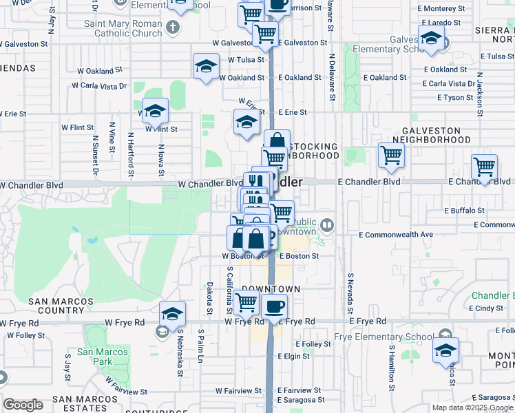 map of restaurants, bars, coffee shops, grocery stores, and more near 23 West Buffalo Street in Chandler