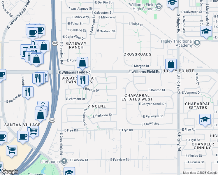 map of restaurants, bars, coffee shops, grocery stores, and more near 2693 East Boston Street in Gilbert