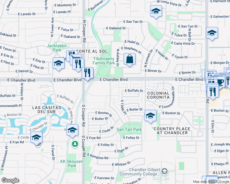 map of restaurants, bars, coffee shops, grocery stores, and more near 2218 East Buffalo Street in Chandler