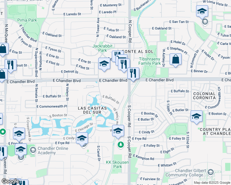 map of restaurants, bars, coffee shops, grocery stores, and more near 83 North Amber Court in Chandler