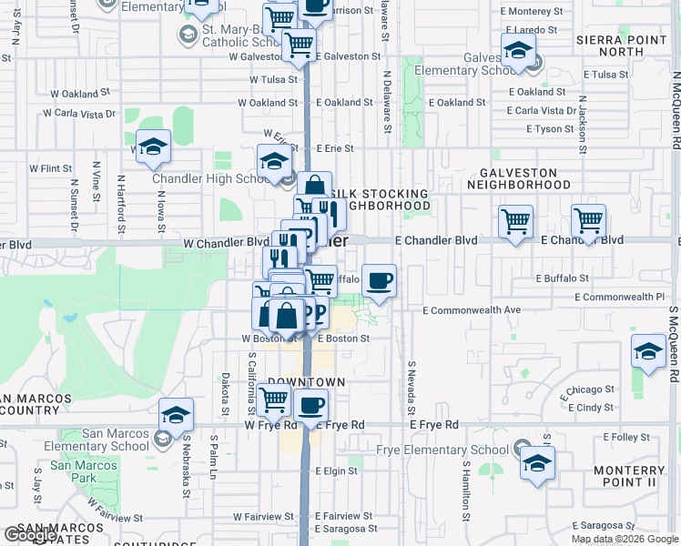 map of restaurants, bars, coffee shops, grocery stores, and more near 105 East Buffalo Street in Chandler