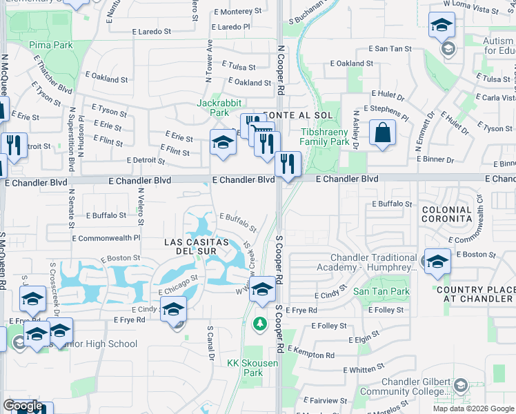 map of restaurants, bars, coffee shops, grocery stores, and more near 83 North Amber Court in Chandler