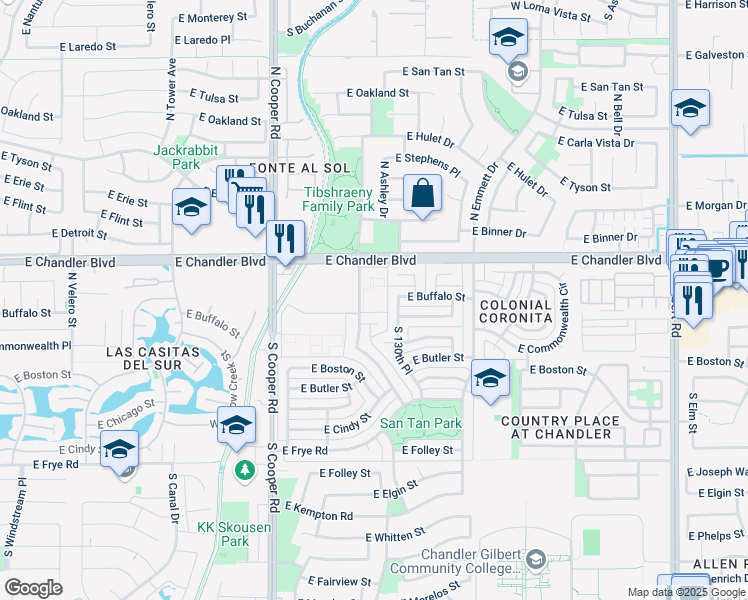 map of restaurants, bars, coffee shops, grocery stores, and more near 2218 East Buffalo Street in Chandler