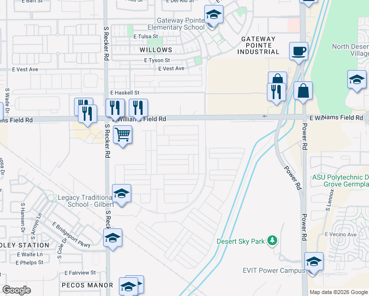 map of restaurants, bars, coffee shops, grocery stores, and more near 4296 East Skousen Street in Gilbert