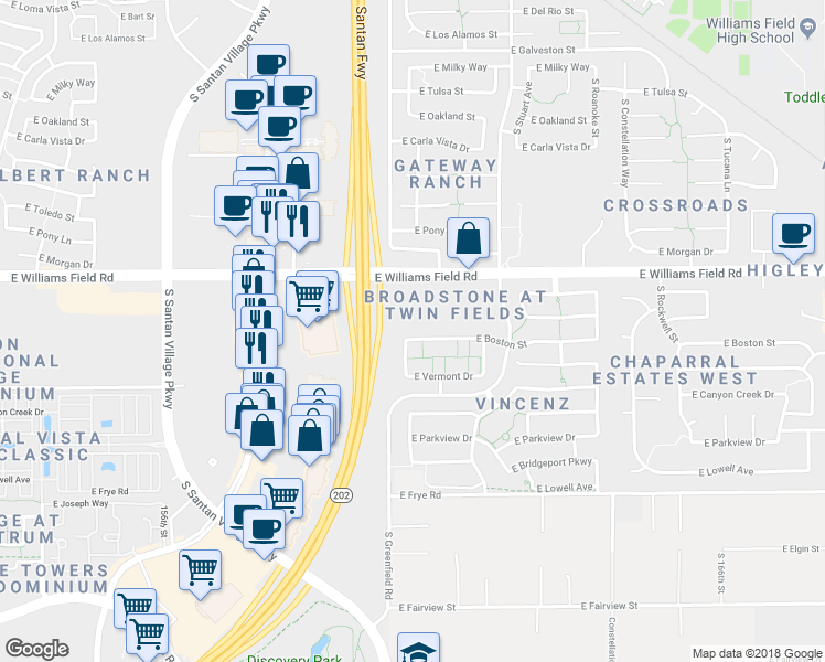 map of restaurants, bars, coffee shops, grocery stores, and more near 2452 East Boston Street in Gilbert