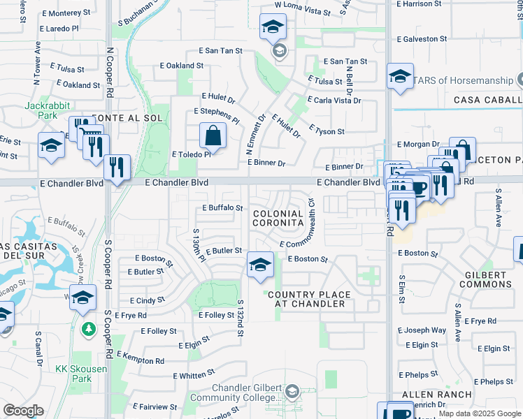 map of restaurants, bars, coffee shops, grocery stores, and more near 2507 East Buffalo Street in Chandler