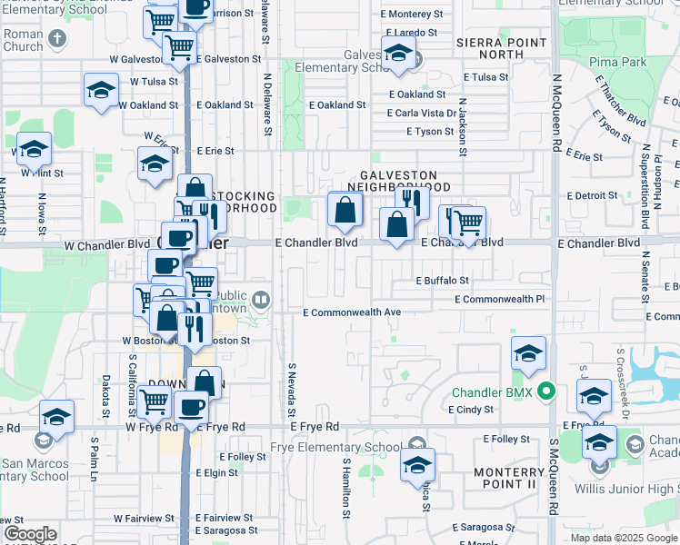 map of restaurants, bars, coffee shops, grocery stores, and more near 505 East Chandler Boulevard in Chandler