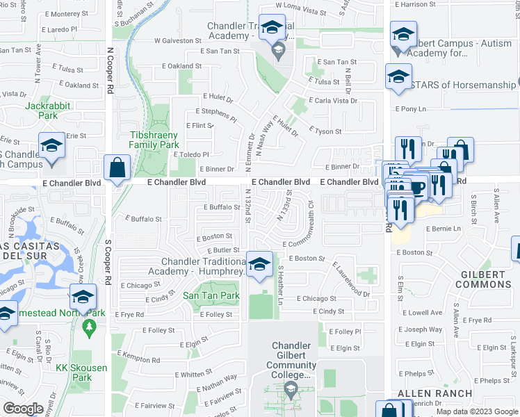 map of restaurants, bars, coffee shops, grocery stores, and more near 63 North 132nd Street in Chandler
