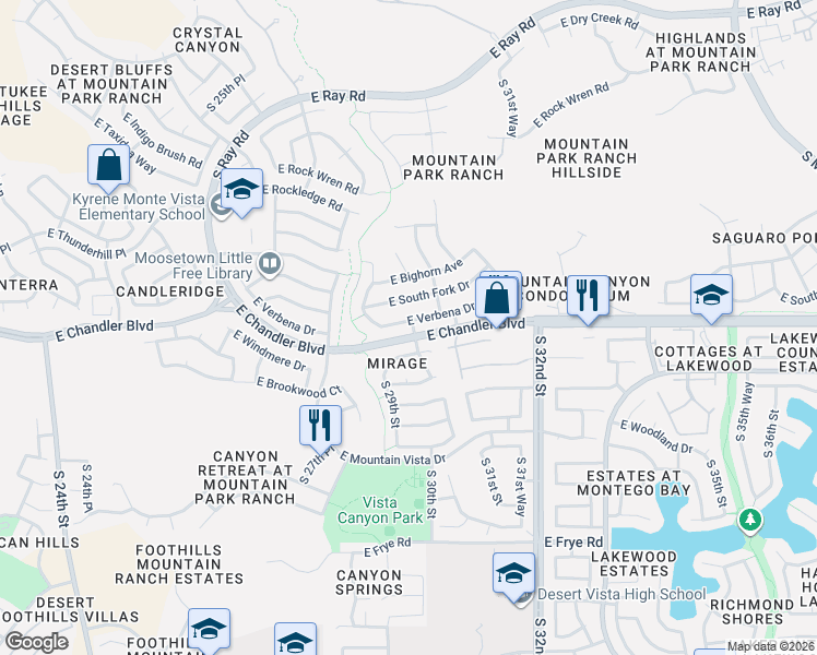 map of restaurants, bars, coffee shops, grocery stores, and more near 2849-2941 East Chandler Boulevard in Phoenix