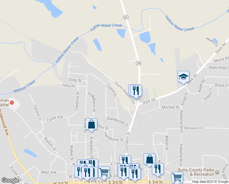 map of restaurants, bars, coffee shops, grocery stores, and more near 414 Cotton Drive in Jackson