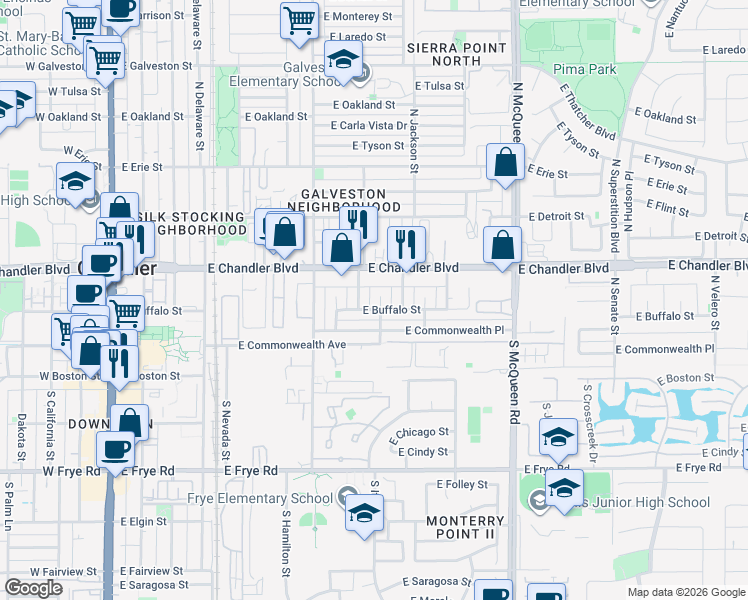 map of restaurants, bars, coffee shops, grocery stores, and more near 715 East Buffalo Street in Chandler
