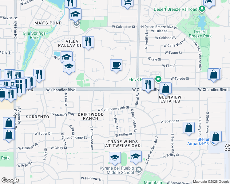 map of restaurants, bars, coffee shops, grocery stores, and more near 5200 West Glenview Place in Chandler
