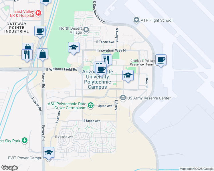 map of restaurants, bars, coffee shops, grocery stores, and more near 6120 Innovation Way South in Mesa