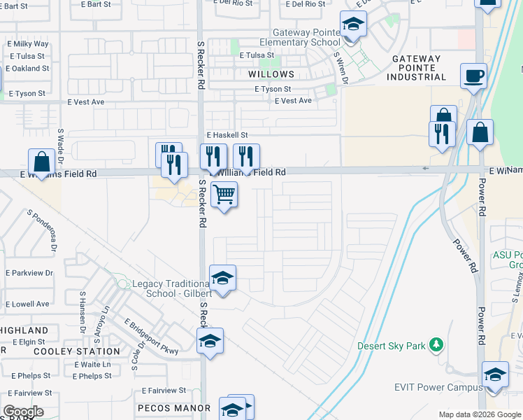 map of restaurants, bars, coffee shops, grocery stores, and more near 17601-17881 East Williams Field Road in Gilbert