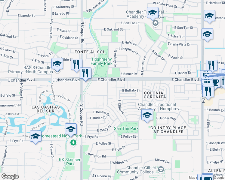 map of restaurants, bars, coffee shops, grocery stores, and more near 2218 East Buffalo Street in Chandler