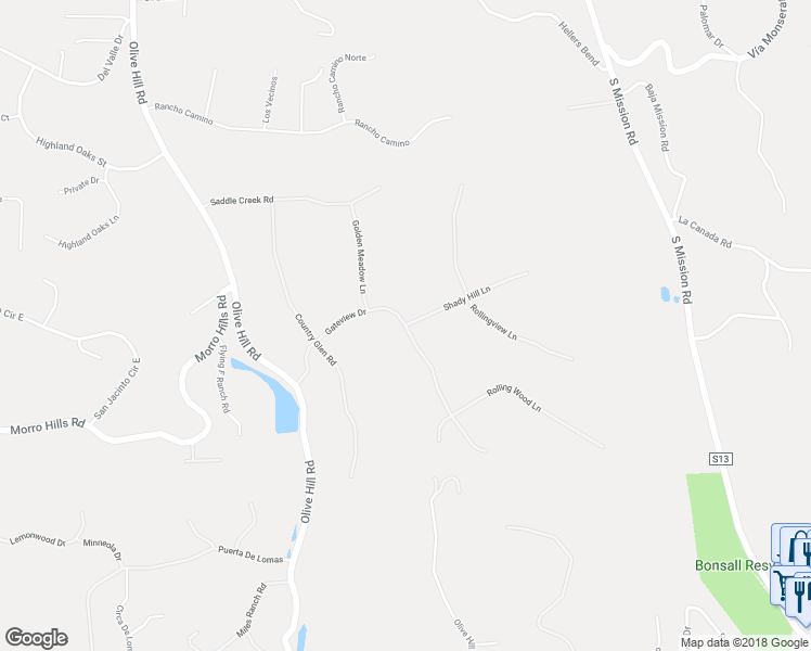 map of restaurants, bars, coffee shops, grocery stores, and more near 2 Shady Hill Lane in Fallbrook