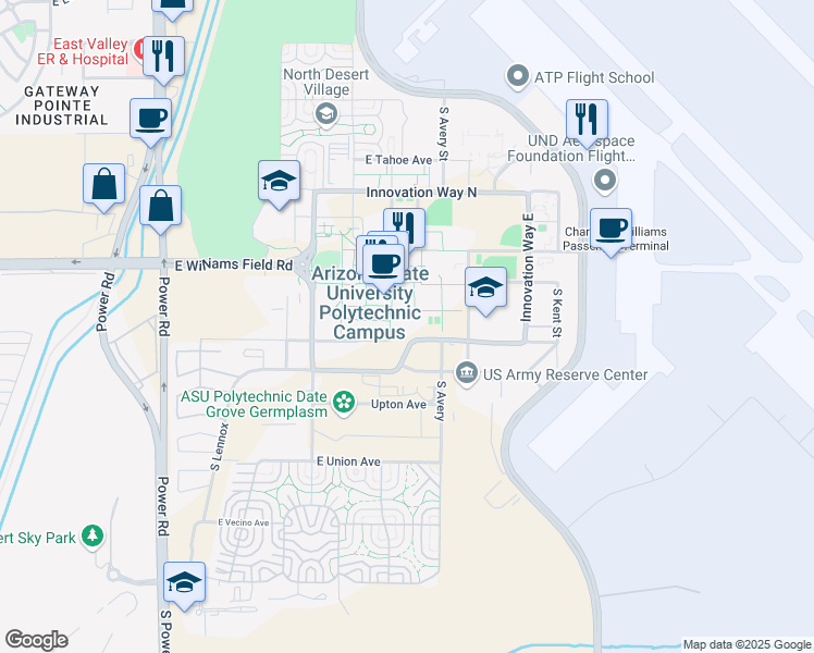 map of restaurants, bars, coffee shops, grocery stores, and more near 5850 South Twining in Mesa
