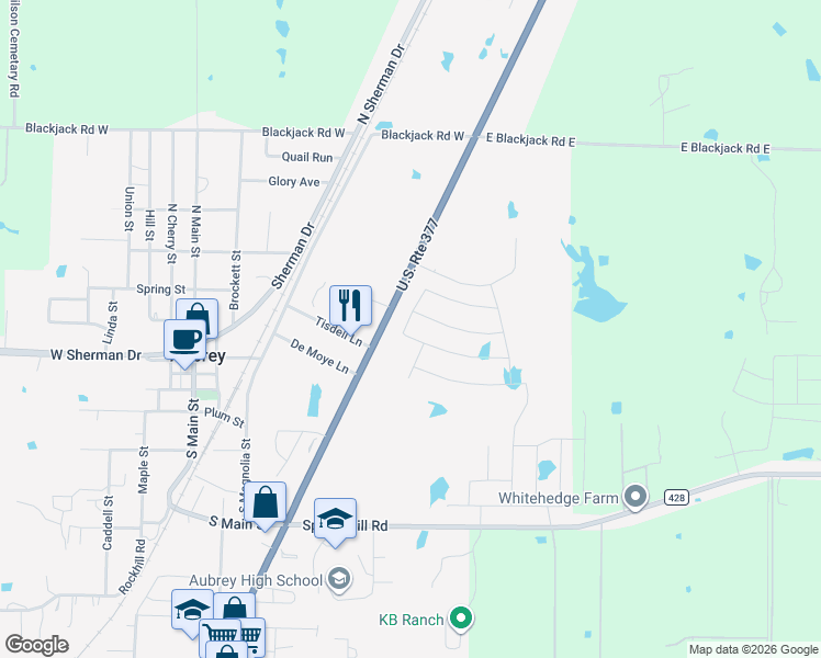 map of restaurants, bars, coffee shops, grocery stores, and more near 460 U.S. 377 in Aubrey