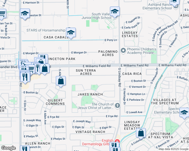 map of restaurants, bars, coffee shops, grocery stores, and more near 600 East Bridle Court in Gilbert