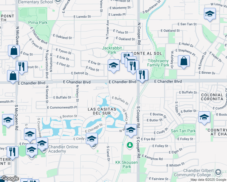map of restaurants, bars, coffee shops, grocery stores, and more near 102 North Danyell Court in Chandler