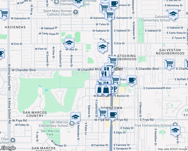 map of restaurants, bars, coffee shops, grocery stores, and more near 36 West Buffalo Street in Chandler