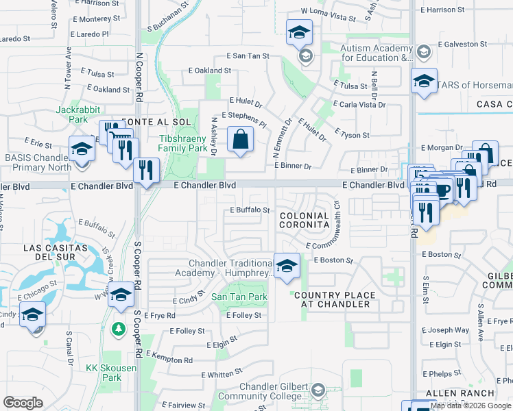map of restaurants, bars, coffee shops, grocery stores, and more near 2312 East Buffalo Street in Chandler