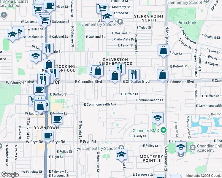map of restaurants, bars, coffee shops, grocery stores, and more near 54 North Hamilton Street in Chandler