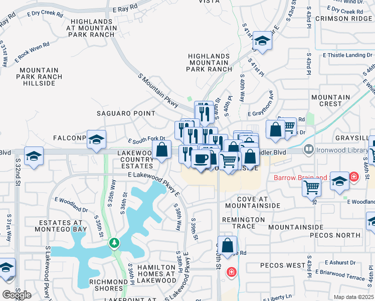map of restaurants, bars, coffee shops, grocery stores, and more near East Chandler Boulevard & South Mountain Parkway Plaza in Phoenix