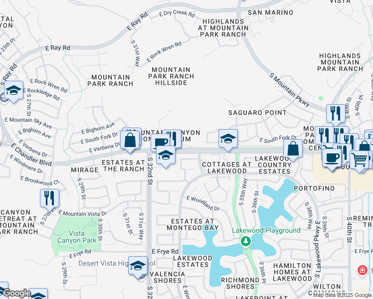 map of restaurants, bars, coffee shops, grocery stores, and more near 3348 East Chandler Boulevard in Phoenix