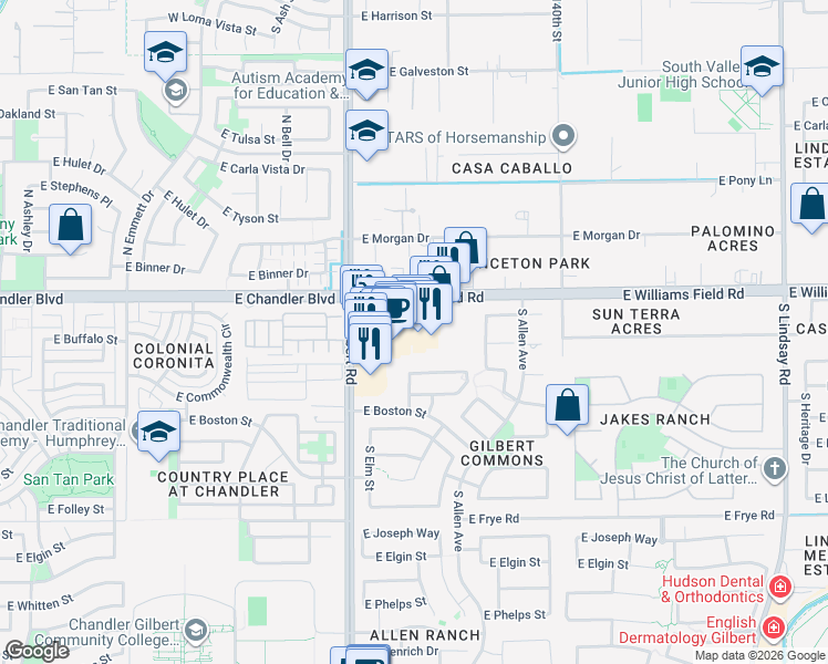 map of restaurants, bars, coffee shops, grocery stores, and more near 2487 South Gilbert Road in Gilbert