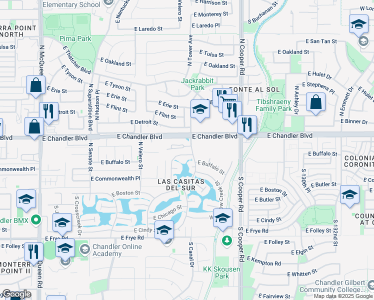 map of restaurants, bars, coffee shops, grocery stores, and more near in Chandler