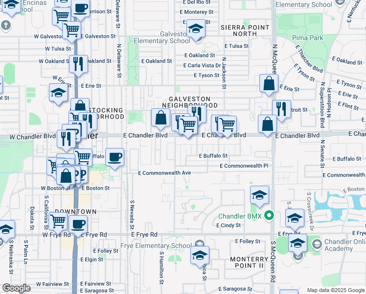 map of restaurants, bars, coffee shops, grocery stores, and more near 54 North Hamilton Street in Chandler