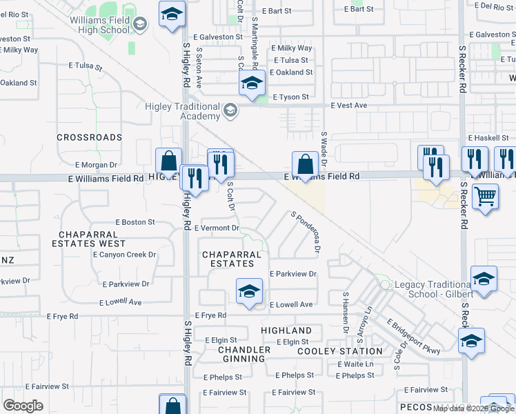map of restaurants, bars, coffee shops, grocery stores, and more near 3389 East Clifton Avenue in Gilbert