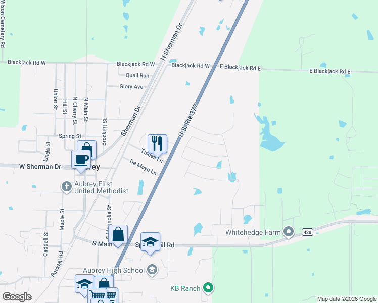 map of restaurants, bars, coffee shops, grocery stores, and more near 111 U.S. 377 in Aubrey