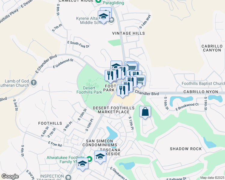 map of restaurants, bars, coffee shops, grocery stores, and more near 15500 South Desert Foothills Parkway in Phoenix