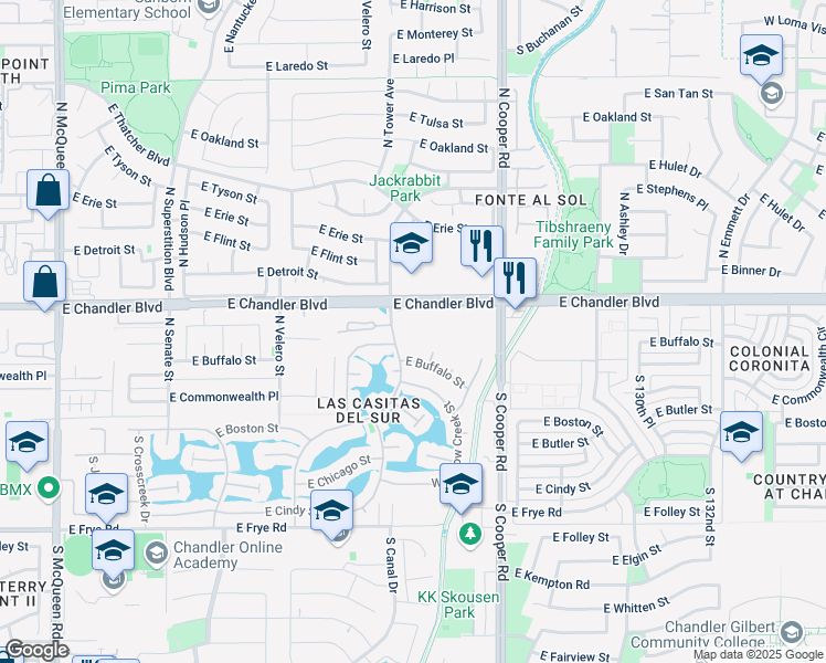 map of restaurants, bars, coffee shops, grocery stores, and more near in Chandler