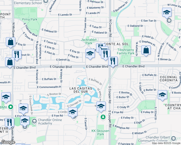 map of restaurants, bars, coffee shops, grocery stores, and more near in Chandler