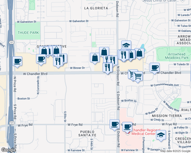map of restaurants, bars, coffee shops, grocery stores, and more near 2195 West Chandler Boulevard in Chandler